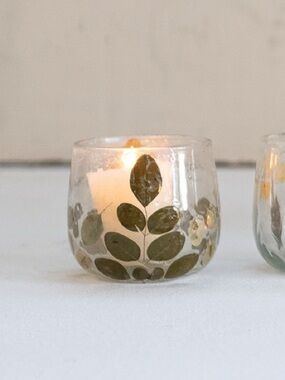 Handmade Glass Tealight Votive Holder with Embedded Natural Moringa Leaves